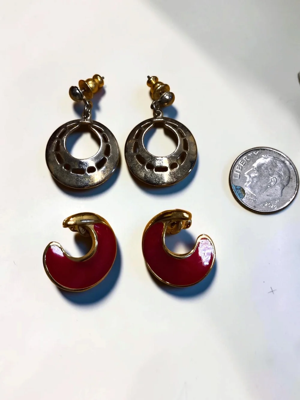 Vintage Gold Tone Red Enamel & Silver Tone Hoop Earrings 2 Pair